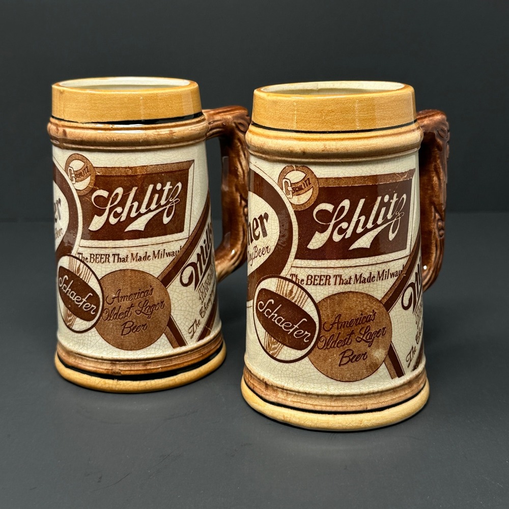 Vintage Beer Stein Mug Set 2 Schlitz Miller Schaefer Gunther Japan Barware 5.5"
